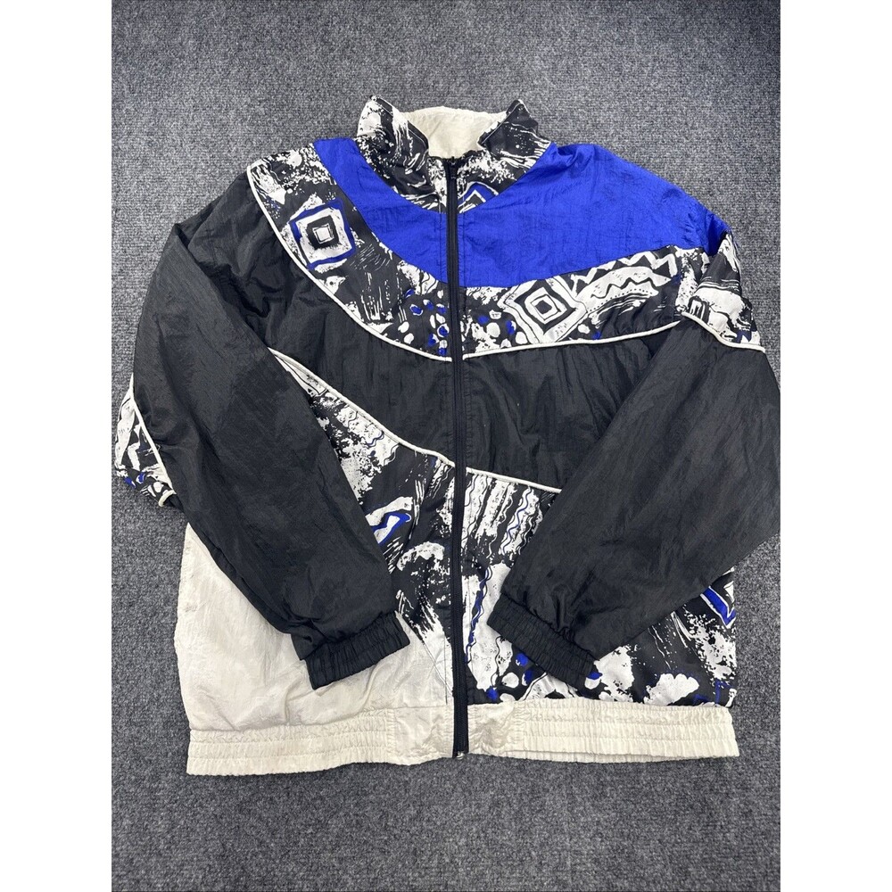 Vintage 90s Sunterra Petite Windbreaker Jacket Black Blue Geometric Colorblock